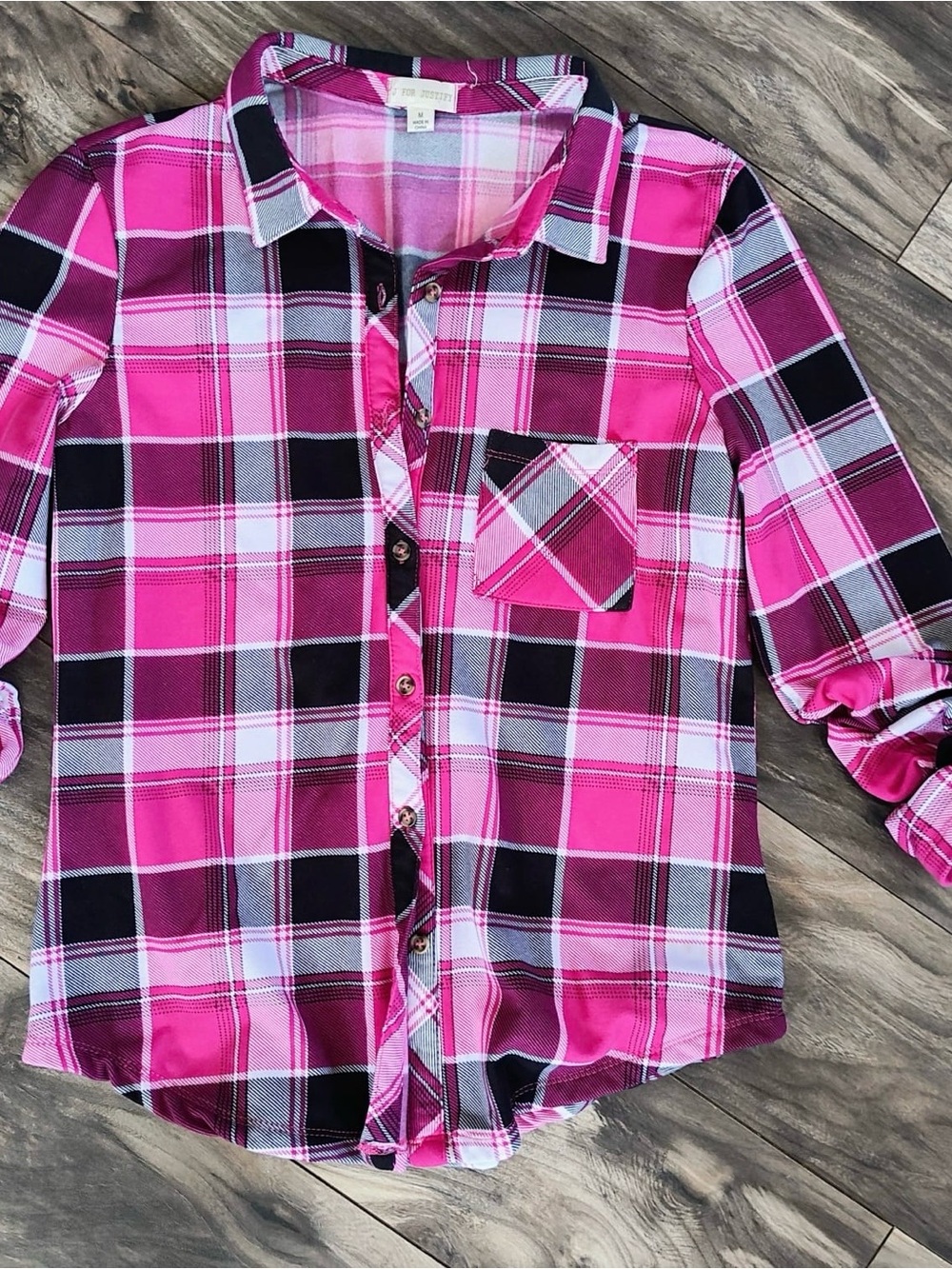 Girls Pink Plaid Button-Front Shirt - Casual Long Sleeve Top